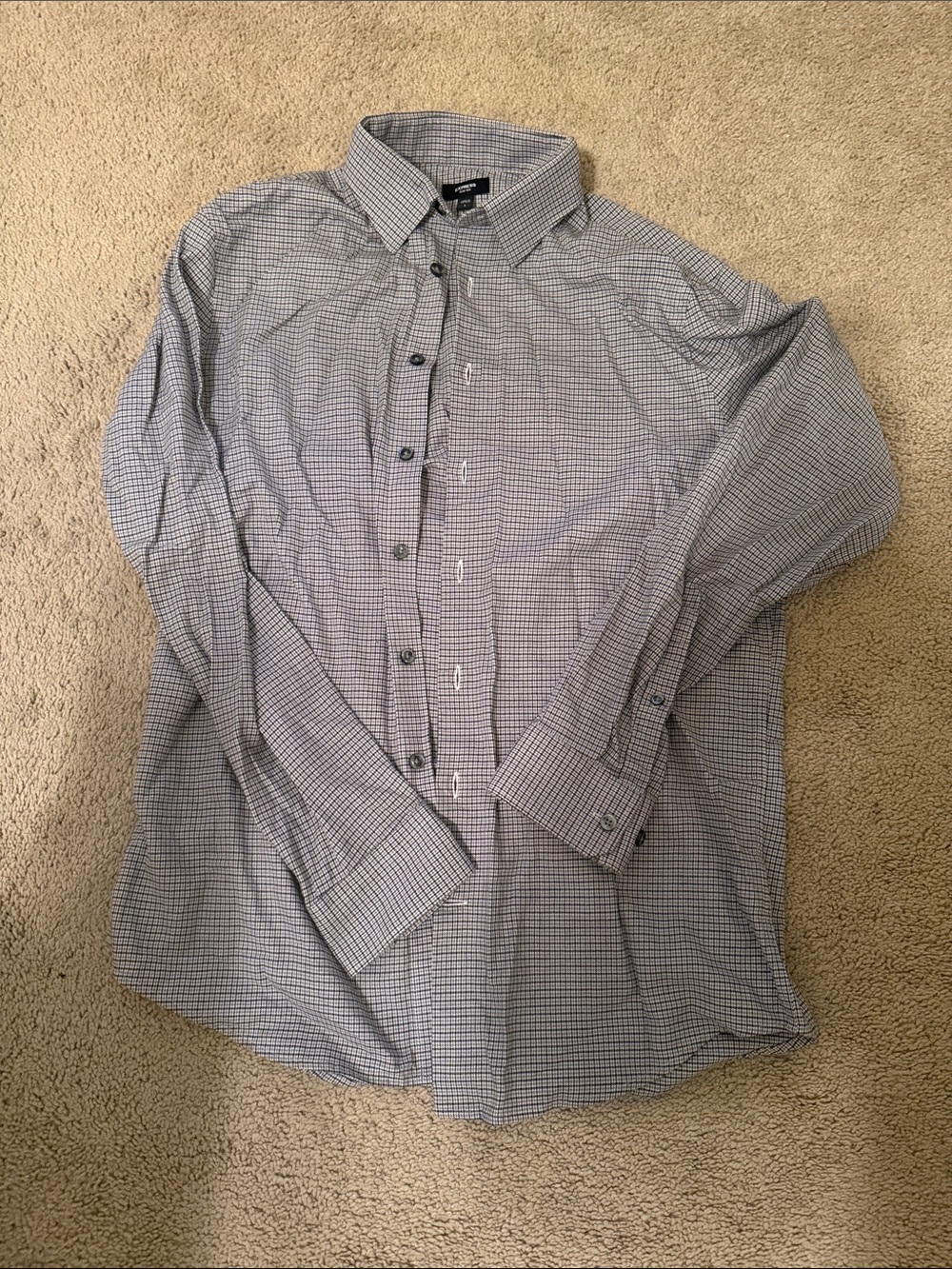 Express Men's Blue and Gray Check Dress Shirt